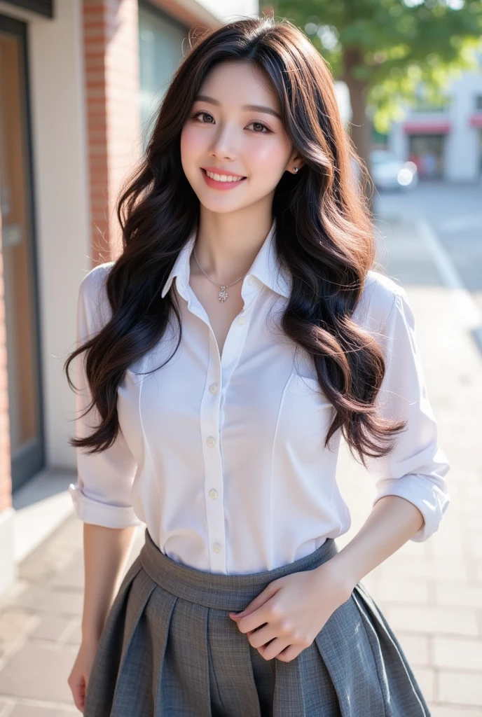 ((Highest quality, 8K, masterpiece: 1.3)), 1 Girl, smile, whole body, Slim face, Beautiful woman, ((Extra long brown hair:1.2))、white long sleeve button up blouse_brown pleated mini skirt、High heels, Highly detailed face, Fine grain, double eyelid, Blurred Background, Slim face, full figure supermodel standing, entire body in frame、School teacher、In the school hallway、With an envelope of documents tucked under his arm、Larger breasts、Place your left hand gently on your chin，right hand holding her breast