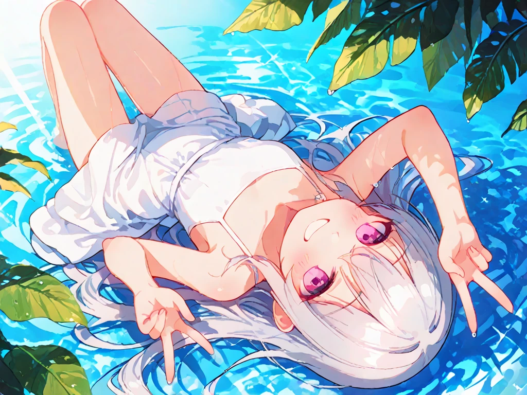 (1girl:1.5), (masterpiece), anime, fortune teller, solo, female, looking up, pointy ears, jewelry, long hair, princess, earrings, white hair, veil, hair ornaments, nice detailing, medium breast, (detailed eyes, yellow eyes:1.2), (beautiful background, sunlight:1.4), flowers in background, gold details, (bright face:1.3), melancholic, medium view, dynamic pose, water, lake, partially submerged, submerged body, landscape, forest background, [feet], (lying down, dynamic view, dynamic pose:1.1)