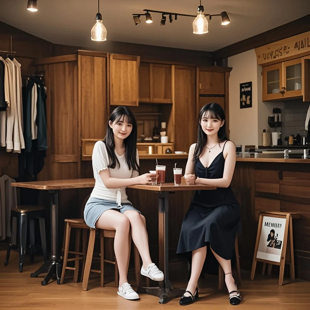 2girl, smile,(bobcut:1.2),bangs,beautiful girl,15 years old,(loli:1.2),(small brests:1.2),(skinny:1.2),highschool student,akb48,nogizaka46, (masutepiece, Best Quality:1.2), 8K, Official art, Raw photo, Pretty Face, Urban Cafe、cafes、Sitting in a chair,Cake and coffee on the table、Fringe hair, hime haircut, Brown hair,mini skirt,