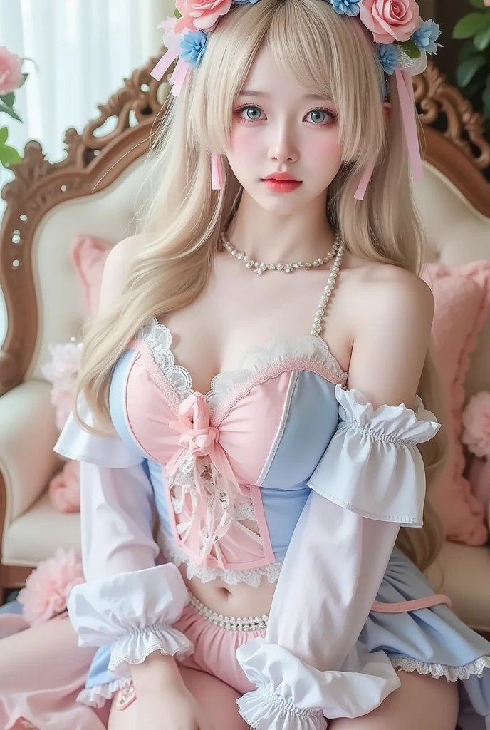 8k,Photorealistic,Photorealistic, intricate details, perfect facial details, Canon photography lens, sheer gauze fabric, soft tactile texture, Lolita aesthetic, intricately detailing the face, body, outfit, and background scene,A young girl with innocent doe eyes, rosy cheeks, glossy pink lips, flowing wavy  [Pink hair:Blonde hair:0.5] adorned with lace headdress,Wearing an off-shoulder lace trimmed pastel dress accentuating her slender neck and bare shoulders,Frilly collar and sleeves, ribbon sash tied in a bow,Holding a vintage stuffed bunny toy,Posing cutely in a pink princess bedroom, surrounded by plush animals and flower cushions. Double French doors open to a balcony overlooking a floral garden, Stuffed animal tea  setup on a round table. Raytracing lighting enhances details and lifelike textures, Depth of field cinematic atmosphere,Vibrant color palette of dreamy pinks, purples and blues, Overall conveying a whimsical fantasy ambience and intricate dollhouse aesthetics. 8k resolution, trending on Artstation