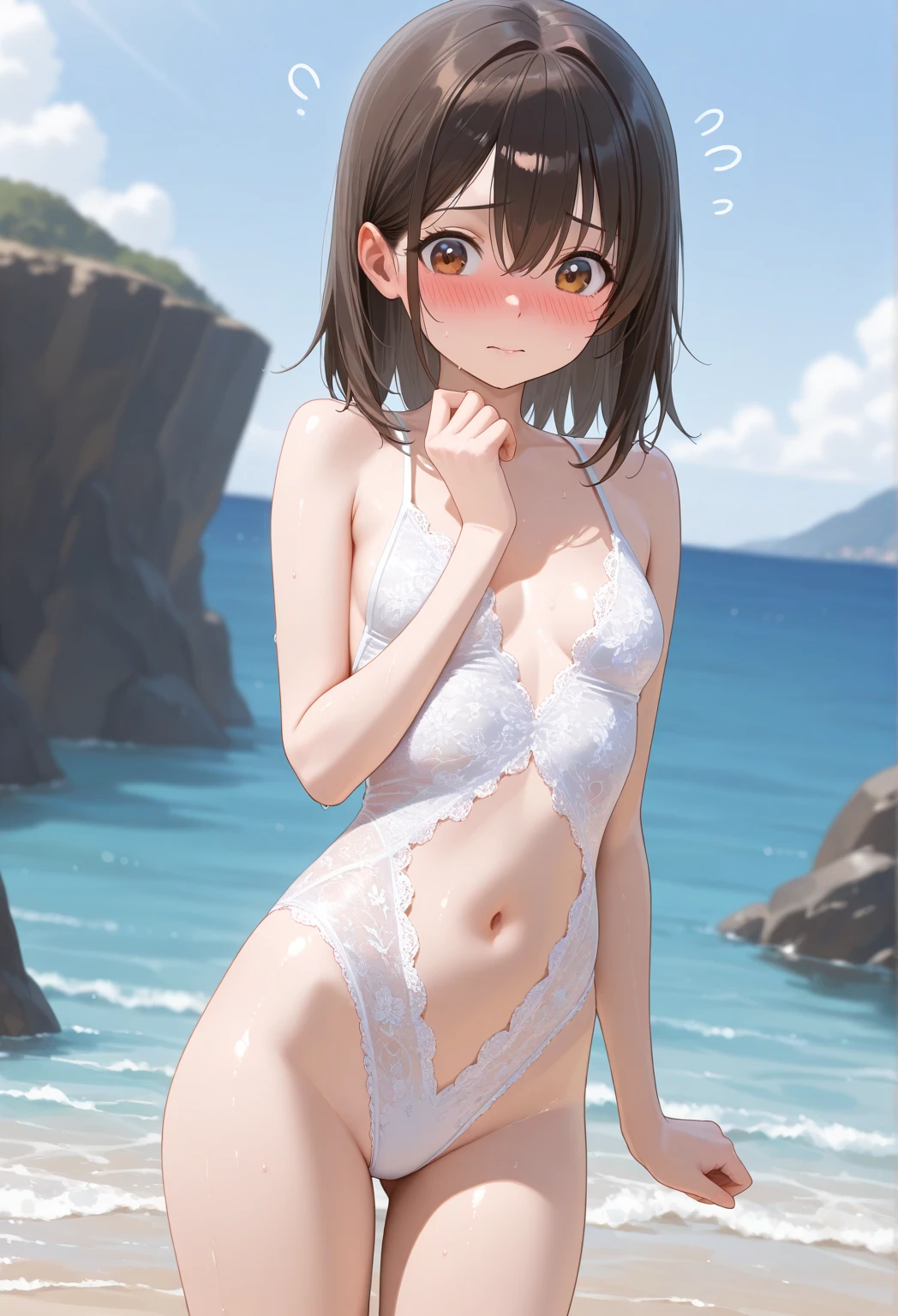 s old,Girl,,Flat Chest,Full nudity,Highest quality、High resolution、Detailed Background、Beautiful face in every detail、Teenage Beauty、Black Hair、Bobcut、Big smile、boost mood、 Summer sun、Shining Sea,Hands behind back