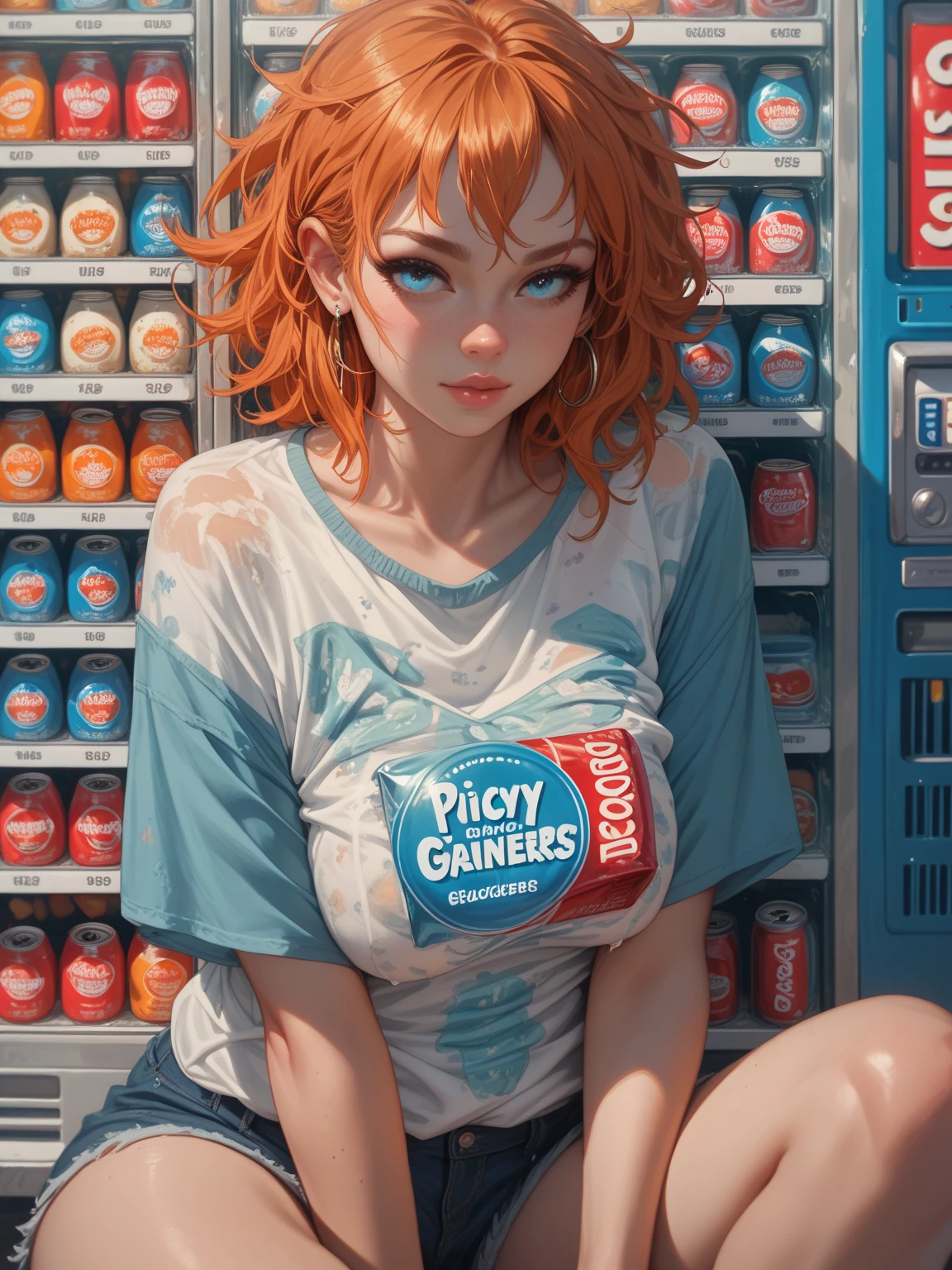 Hucow girl holding a big milk carton, masterpiece, candid photo, shy, short brown hair, big eyes, (detailed face), curvy, gigantic enormous breasts, two symmetrical horns, white (tight shirt), crop top, cute open (cow pattern) jacket, choker with bell, (in a colorful supermarket), mature female, thick thighs, earrings, high detail, ultra-detailed, retro, [big lipaster piece, best quality, face portrait