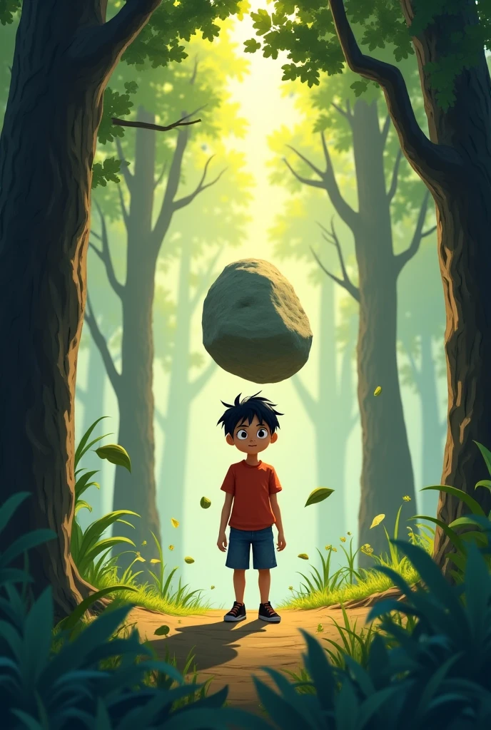 Create a Realistic High Quality image of A "little girl" lifting a giant mountain in " one hand " in the forest girl wearing a pink t shirt name is " Mahima ", ,Name "Mahima" is written on the girls , T-shirt.