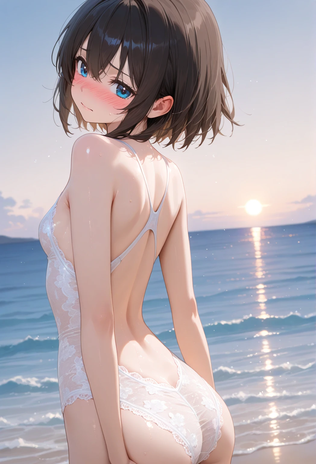 (masterpiece:2.0), (highest quality:2.0), (Swimming ????? in the sea:1.3), (Tiny T-back white camisole dress:1.5), (Ultra-thin fabric:1.5), (fully exposed shoulders:1.5), (fully exposed nape:1.5), (side view:1.5), (Super Sexy Pose:1.5), (blushing face:1.3), (spill :1.4), (realistic:1.5), 1 , precise small needle, embarrassed look, light smile, Very cute girl, baby face, clear eyes, shining eyes, small breasts, I can see the cleavage, I can see my crotch, no pubic hair, beautiful skin, Super fine, highest resolution, Japanese high school student, brown hair