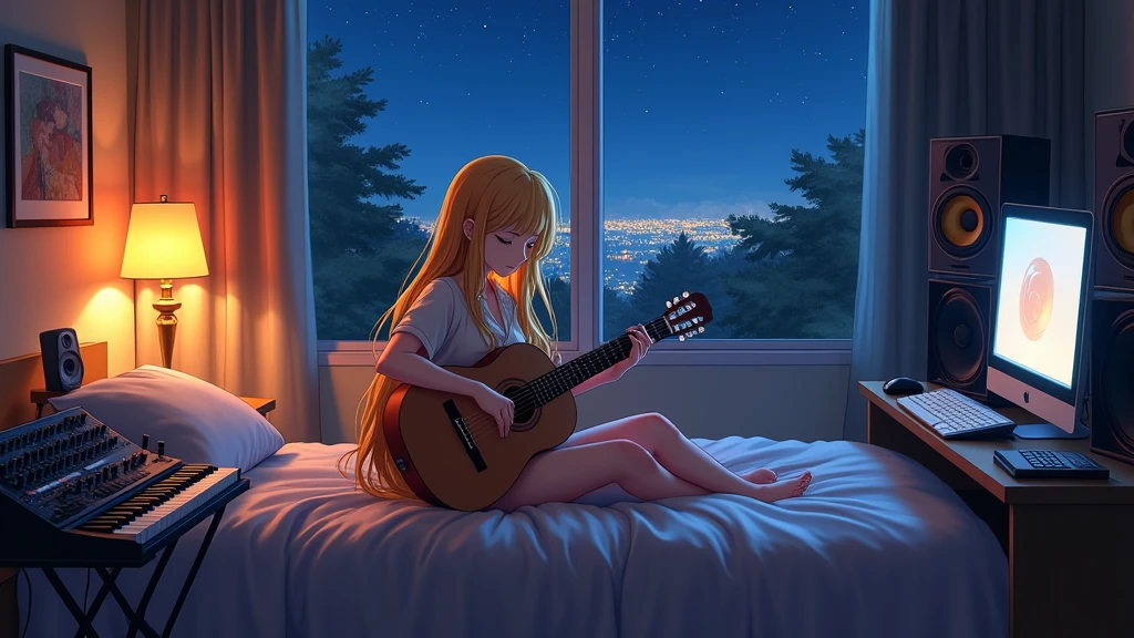 An anime girl playing the guitar,cozy room,sitting by the window,There are flowers and a sleeping lamp next to her And it is night