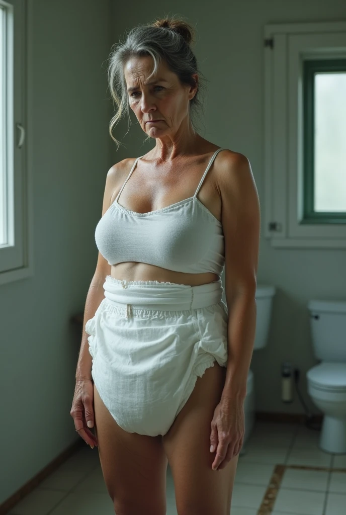 Generate full body front angle image, and completely nude, of a northeastern woman, 60 year old woman, completely naked, with the aged body, medium and saggy breasts , wide hip, Flaccid abdomen, naked vagina, with a rustic face, of suffering expression, with signs of age around the eyes and only around the mouth, wearing prescription glasses with thick, square frames, large, thin, prominent nose, thick eyebrows with voluminous hairs, small chin, small mouth, prominent jawline, delicate lips, long brown hair with slightly gray tones, is completely naked, standing sensually, in a unkempt room with messy decor.