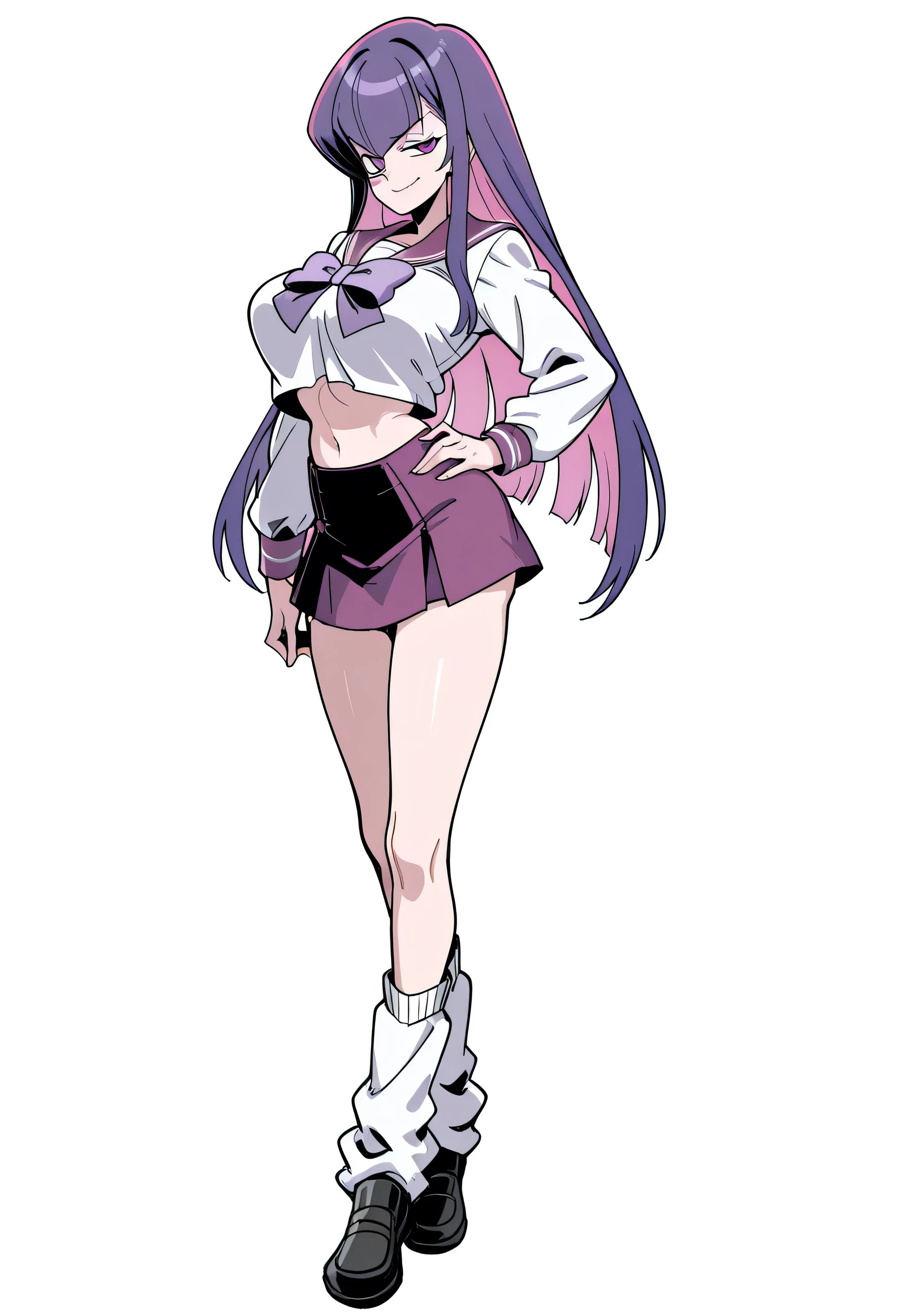 score_9, score_8_up, score_7_up, 1girl, mature, solo, smirk, long hair, bangs , straight hair, purple hair , pink highlights inner , purple eyes, violet sailor uniform, navel , short skirt, long legs , big , arched back , hand on hip , loose socks, shoes , blank background ,
v3r1d1an,