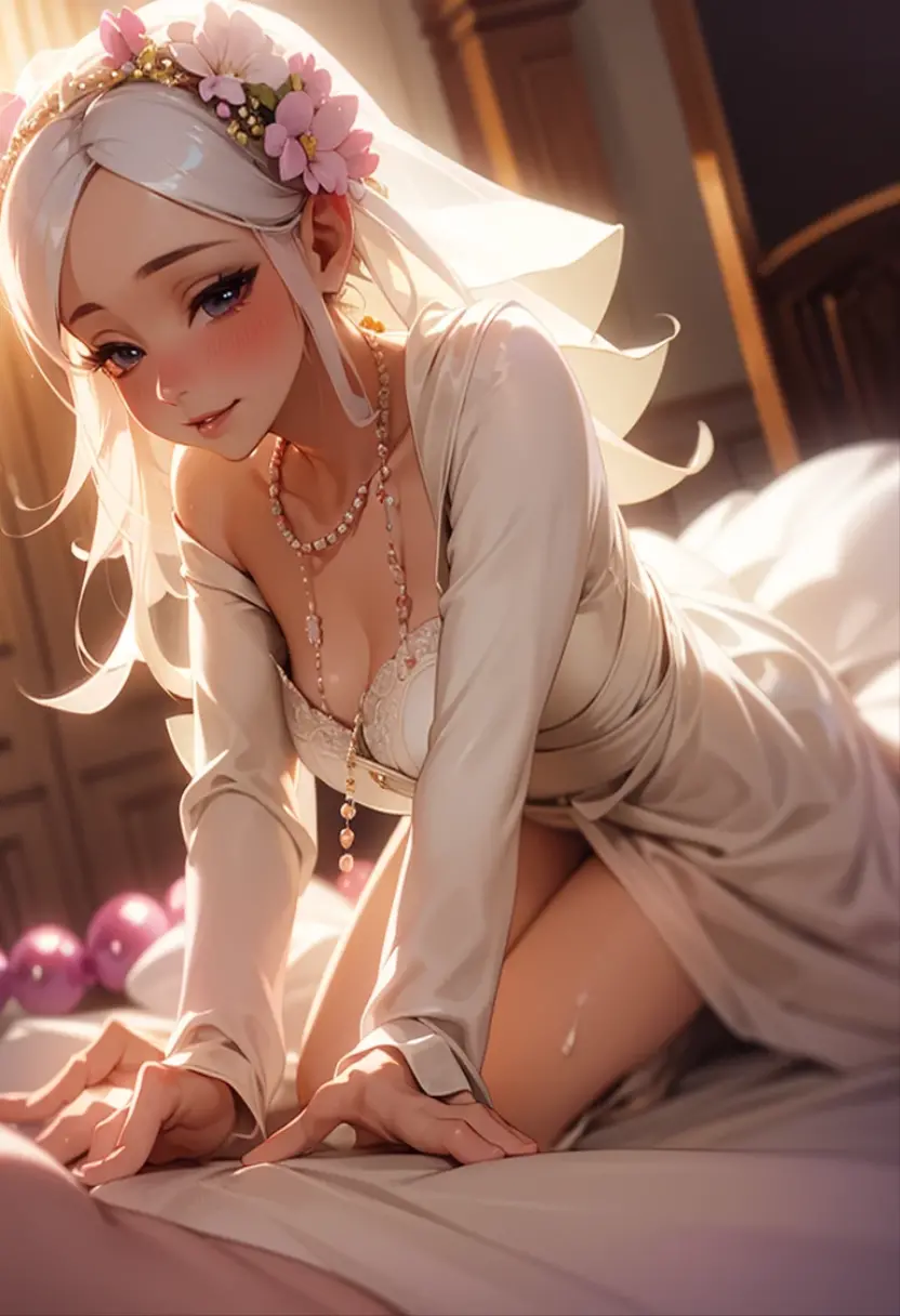 a woman with white hair, green eyes, kneeling on a bed, looking at the camera, biting her lips, curvy body, high quality, 8k, realistic, photorealistic, extremely detailed, detailed facial features, beautiful detailed eyes, beautiful detailed lips, porcelain skin, dramatic lighting, dramatic colors, cinematic composition