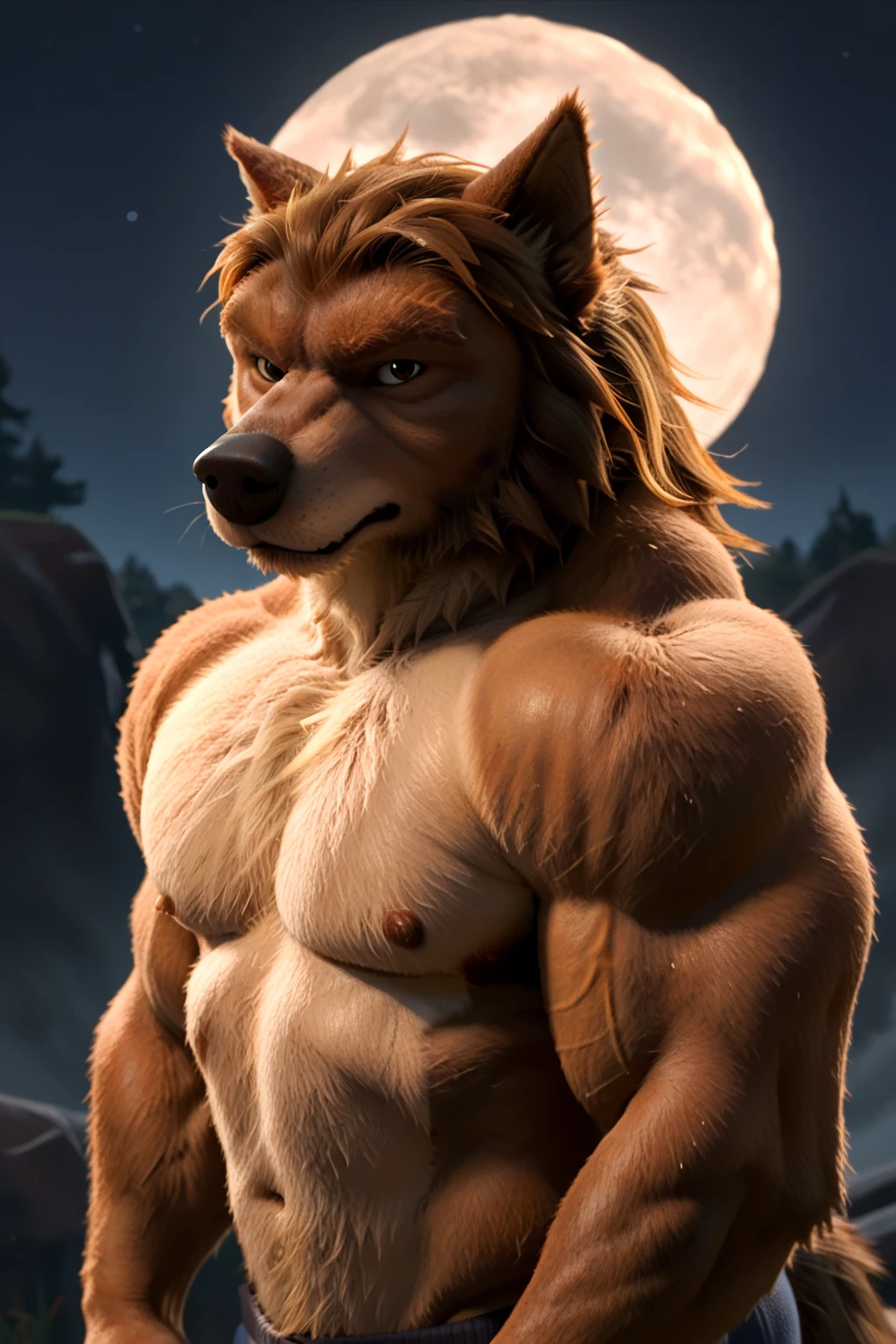 ((Extremely realistic shadows, Masterpiece, extremely detailed, photorealistic)) lion, (((male)) Anthropogenic lion, Detailed face, beautifully sculpted physique, beautiful face, tribal, beautiful eyes, Gorgeous facial features, Looking at viewer, white teeth, licking lips, Perfect skin texture, shoulders wide, muscular, GigaChad, front, beautiful musculature, bodybuilder, great abs and torso, raised muscle, gigantic physique, huge muscles, 305 lbs, square pecs, beautiful v-cone, skin, fur, hair, Body full of huge massive muscles, V-shaped body, massive pecs. wears a tight loincloth of ornamental cloth. A forest, ((FOREST)) moon, moon rays, clouds in the sky, night sky, beautiful night, stars.