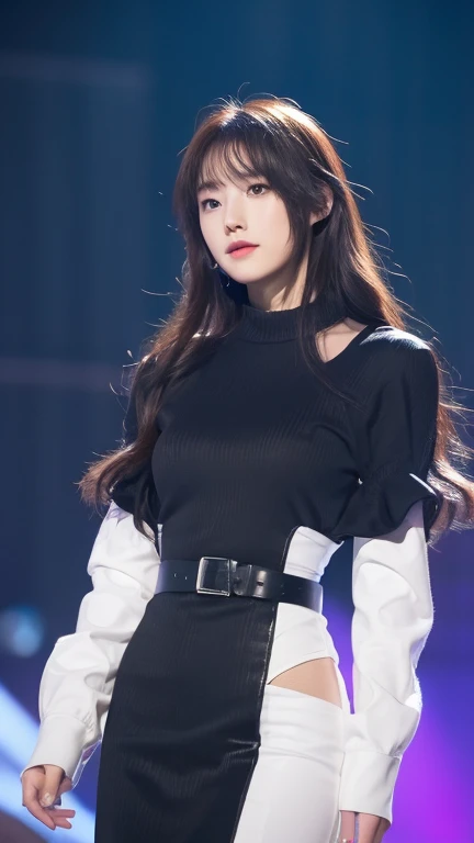 close-up of beautiful beautiful korean female, 34 inch breasts size,  wearing long sleeve shirt,  cap, on the stage, bokeh background,UHD