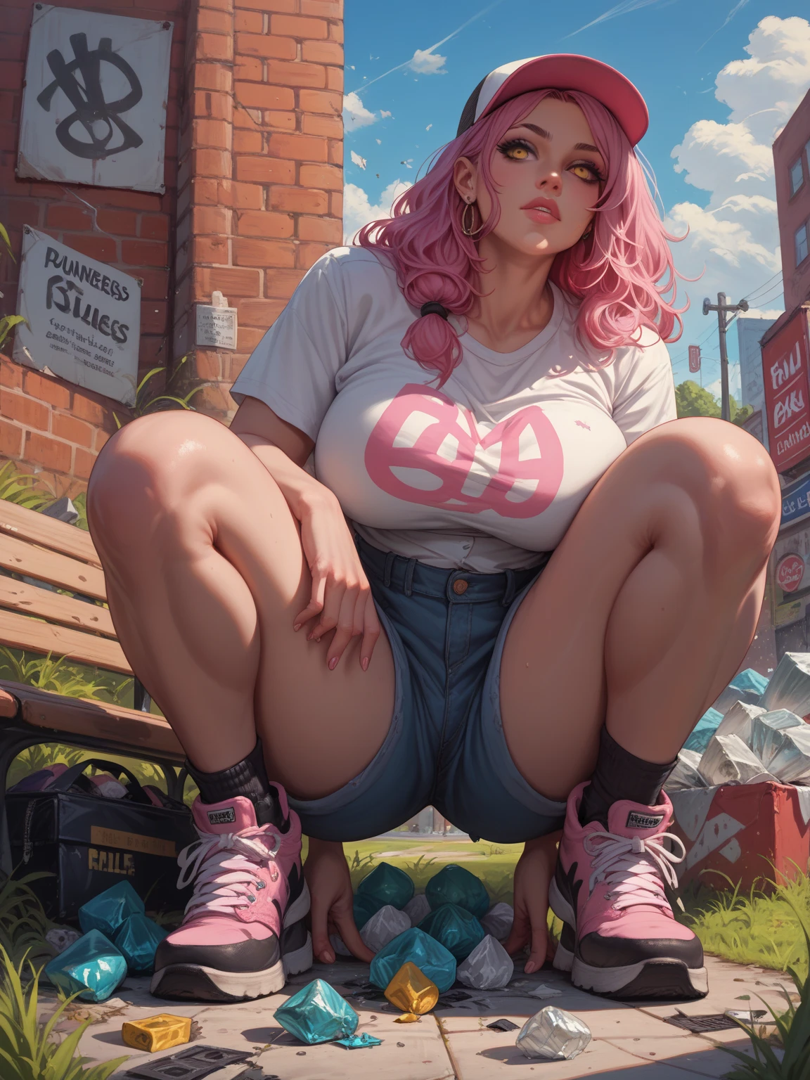 A vision flow of a beautiful woman walking down a street, her pink t-shirt and faded blue jeans illuminated by the sun, a red car passing in the background, and a world of shimmering light.