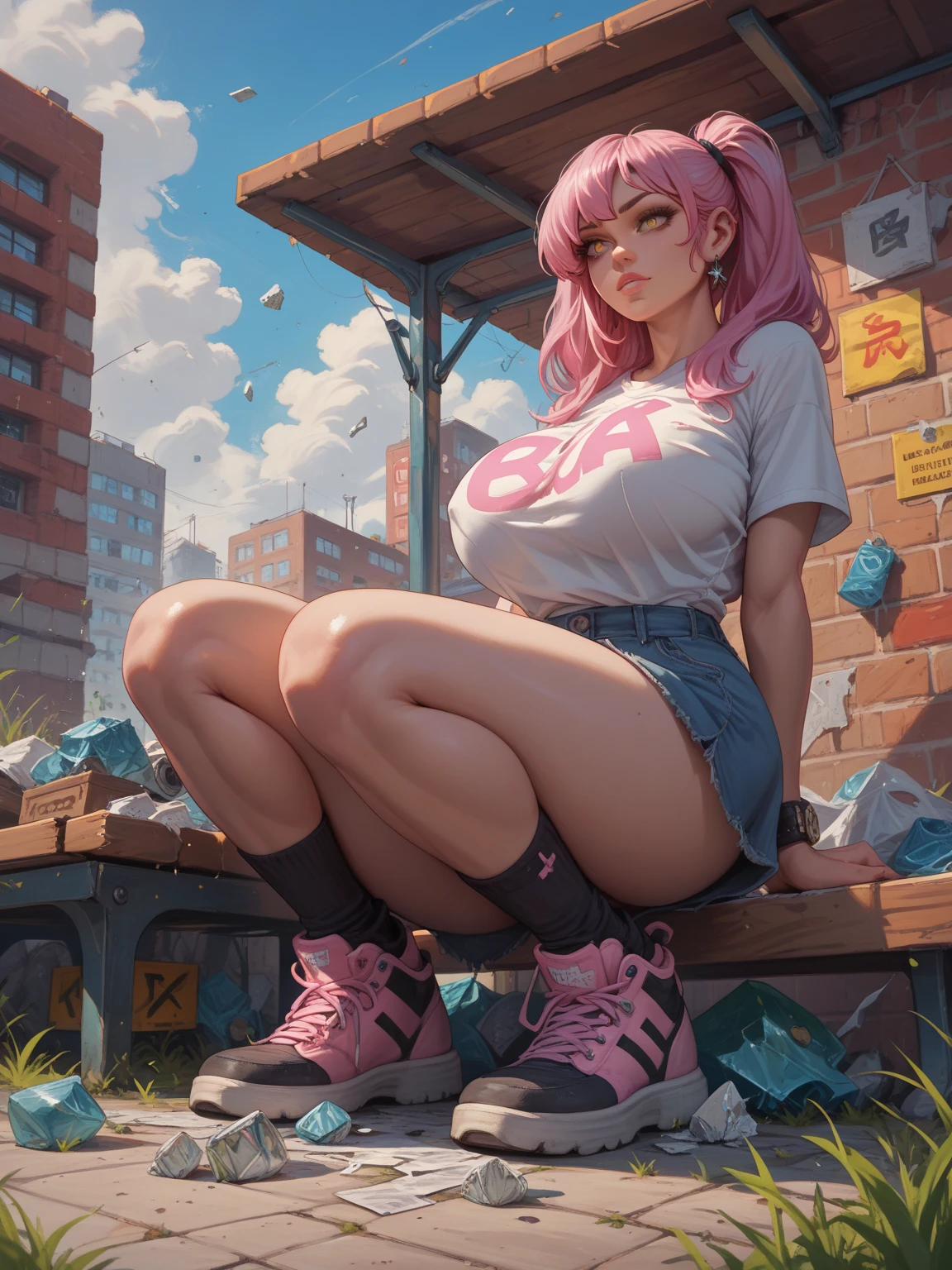 1woman, huge breasts, medium butt, wearing pink t-shirt, wearing denim shorts, wearing pink sneakers, , very short hair, curly hair, pink hair, hair covering one eye, pink eyes, eyes half closed