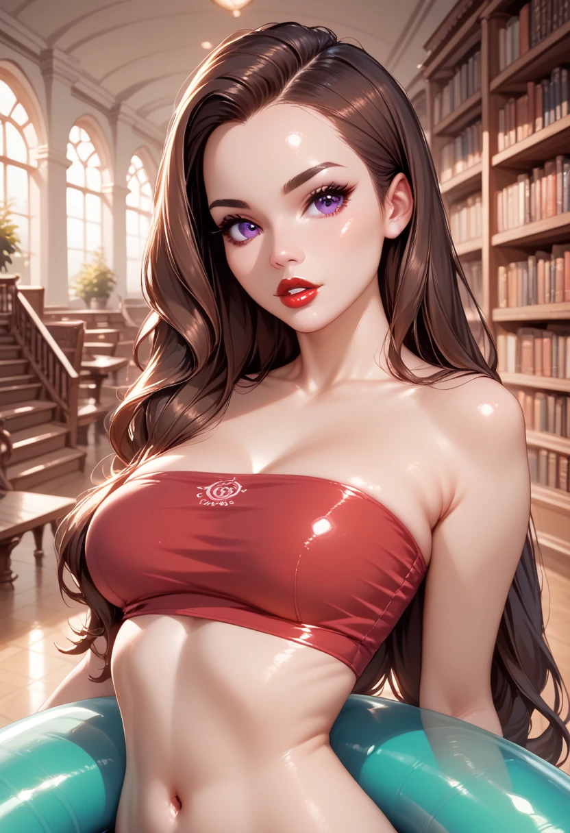 (masterpiece, best quality, 1girl, solo, intricate details, chromatic aberration), realistic, (isometric:1.0), double exposure, bubble, book, bookshelf, brown_hair, open_book, braid, book_stack, chair, Vixen, Short, Athletic, Triangular Face, Dark Skin, Dark Brown Hair, hazel Eyes, Straight Nose, Full Lips, Prominent Chin, Shoulder-Length Hair, Fine Hair, Long Curly Hair, asymmetrical breasts, Huggie earrings, golden, satin lipstick, Crimson Velvet Cami and Short Set , swinging