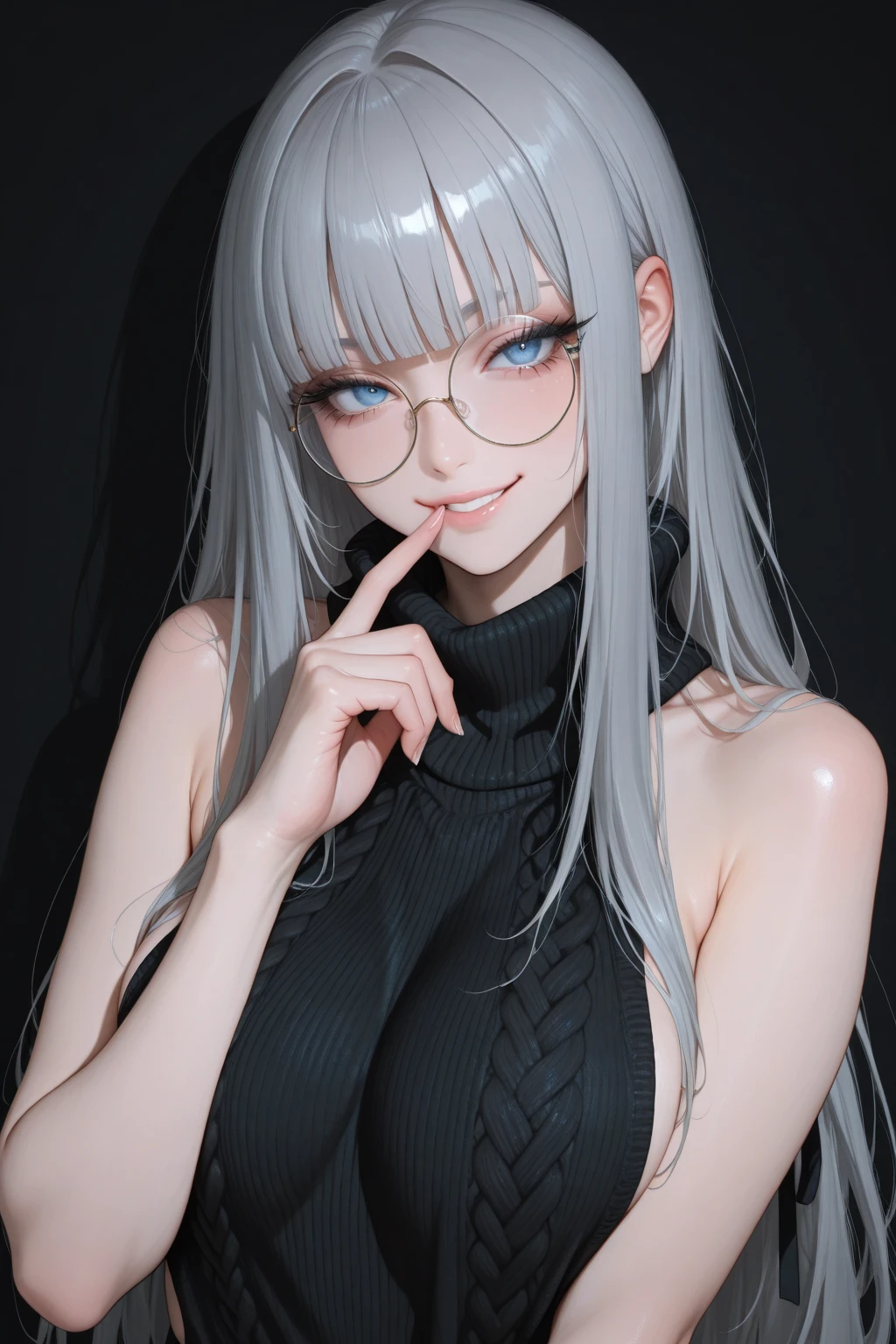 masterpiece, best quality, amazing quality, hyper-detailed, newest, very aesthetic, 1girl, upper body, smirk, grey hair, blunt bangs, long hair, round eyewear, rabbit ears, fake animal ears, blue eyes, long eyelashes, sideboob, medium breasts, virgin killer sweater, black sweater, fishnet sleeves, finger to mouth, dynamic pose, diffused light, absurdres, highres