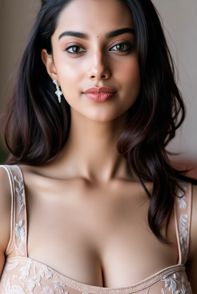 tight dress, low cut cleavage, boob out from blouse, travellers, low cleavage in the style of rap aesthetics, girl,south east asia or india,make for a memorable photo. The background is black,photo taken with fujifilm superia, charly amani, oversized portraits, babycore, upper body don't change the face, wearing a saree with low cut blouse. brown eyes , body color fair, face structure cute, smiling, soft lips , seductive eyes