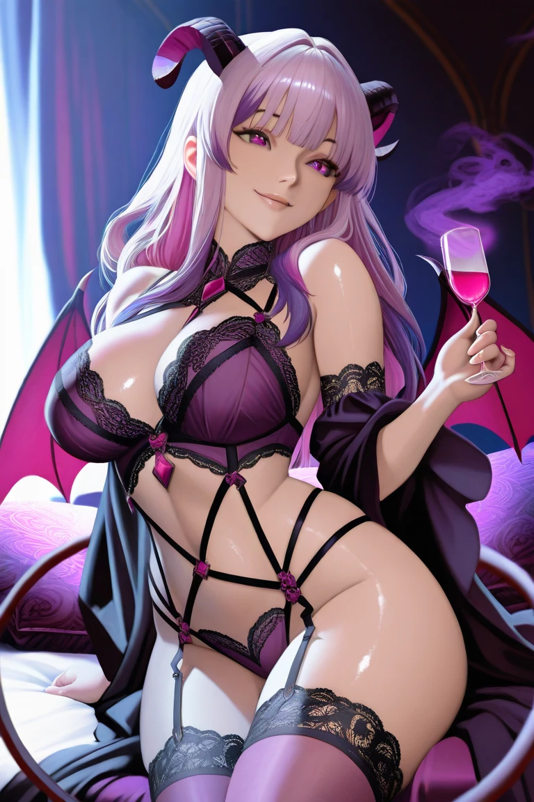 flirtatious succubus,Sensitive armpits,Sensitivity is medium,Light purple hair color,Orange star eyes,The chest is an F cup,Experienced,Sexual fetish is sm,Can be mentally controlled