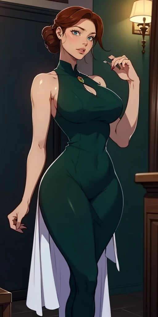 masterpiece, ultra high-quality, extremely detail 8k cg, high resolution, 1girl, pakura, green hair, orange eyes, thin body, huge breasts, bursting breasts, evening gown, halterneck, criss-cross halter, high heels, choker, beautiful face, outdoors, garden, night time, full shot photo, full body
