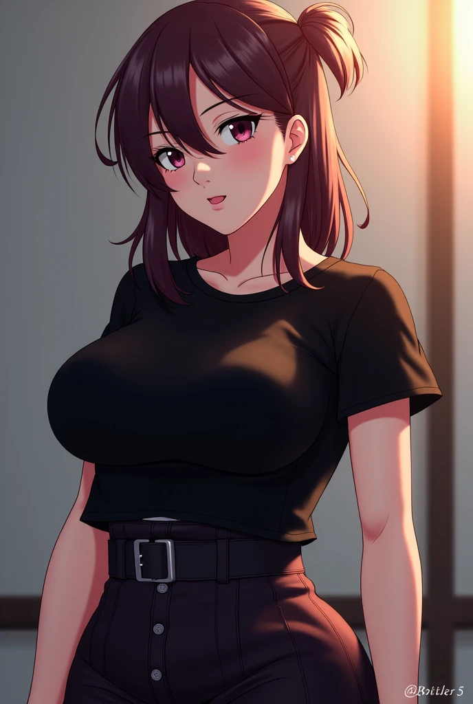 An attractive sexy woman with a big breast, short black hair, her brown eye, is dressed in a button-down blouse tied with a navel and a long red skirt with black heels.