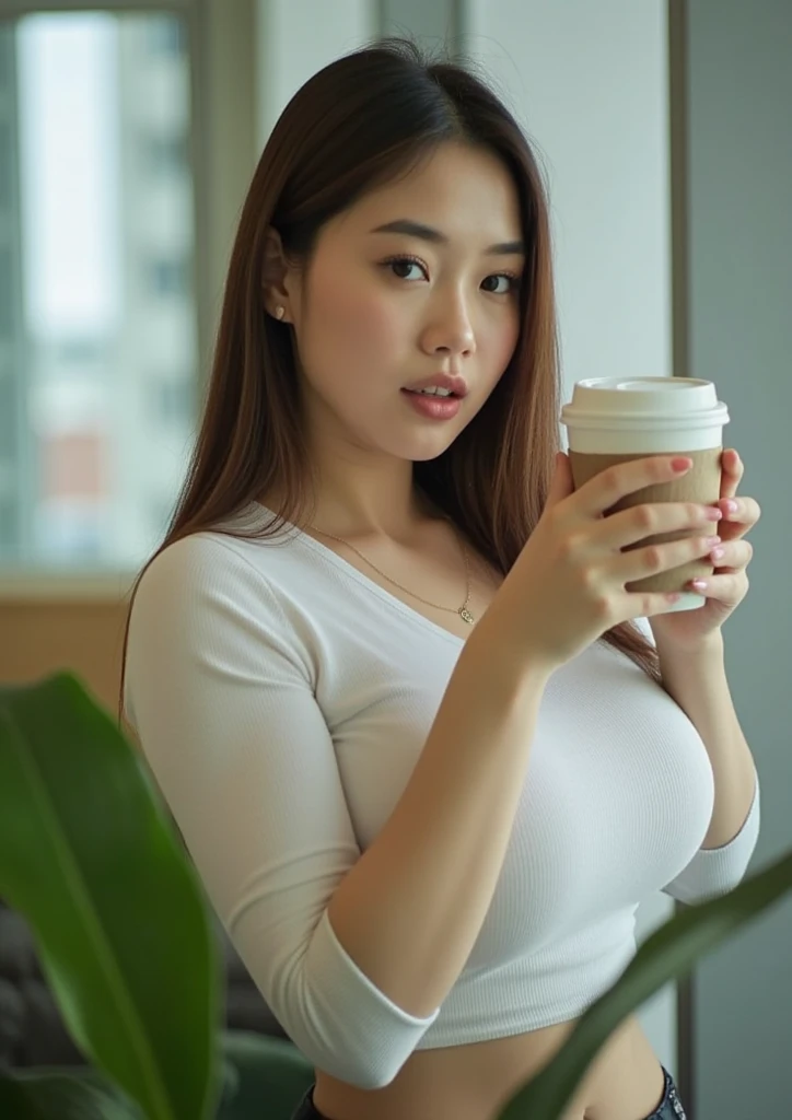 young Thai woman, bodybuilder physique, wearing a white top and jeans, smiling, having a cup of coffee at a coffee shop, full body including head and legs, (8k), (best quality), (masterpiece:1.3), (realistic), (photorealistic:1.34), ultra-detailed, [beautiful detailed eyes], (beautiful detailed nose), [very long blond hair], (see-through white t-shirt), jeans, (large breasts), (close up), park, depth of field, --auto
