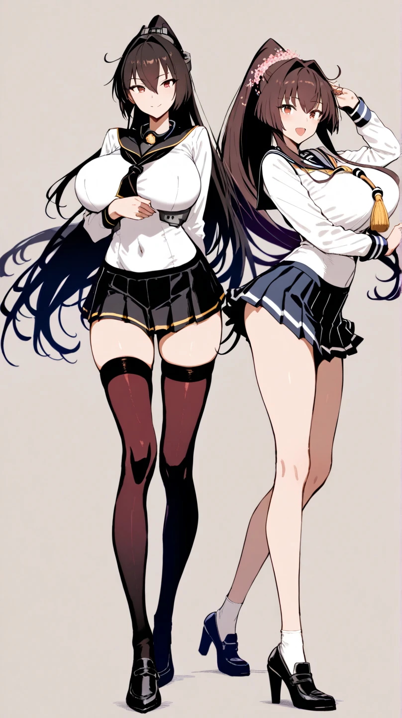 bra, underwear, interlocked_fingers, skirt, breasts, navel, detached_sleeves, rating:safe, blue_eyes, smile, multiple_girls, cleavage, bra, pleated_skirt, looking_at_viewer, thighhighs, bow, blush, bare_shoulders, medium_breasts, black_legwear, collarbone, standing, panties, long_sleeves, garter_straps, long hair, hair_bow, miniskirt, closed_mouth, 3girls, stomach, white_skirt, black_panties, thigh_gap, long_hair, large_breasts, black_hair, frills, multiple_views, midriff, cowboy_shot, red_bow, braid, school_uniform, toned, red_bra, choker, lingerie, white_background, small_breasts, arms_behind_back
