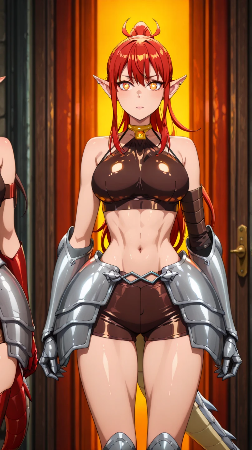 (masterpiece、Highest quality:1.3,absurderes),25 year old beauty,独奏、Woman warrior,((very small head)),red hair,long hair,blunt bangs,red eyes,gorgeous eyes,shy,medium breasts,((very long body)),((toned body,slender body,)),skinny,gleaming skin,shiny skin,Silver Armor、navel、Red pleated ilver Gauntlet、Fantasy World、Medieval castle、