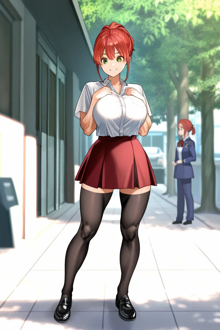 sharp yellow eyes, Teenage girl, from behind, gray hair short red dress with black polka dots thick thighs, turning to front, hair with gray ponytail, with, chara, Two-dimensional, standing in a classical dance hall (view from below ) underwear.