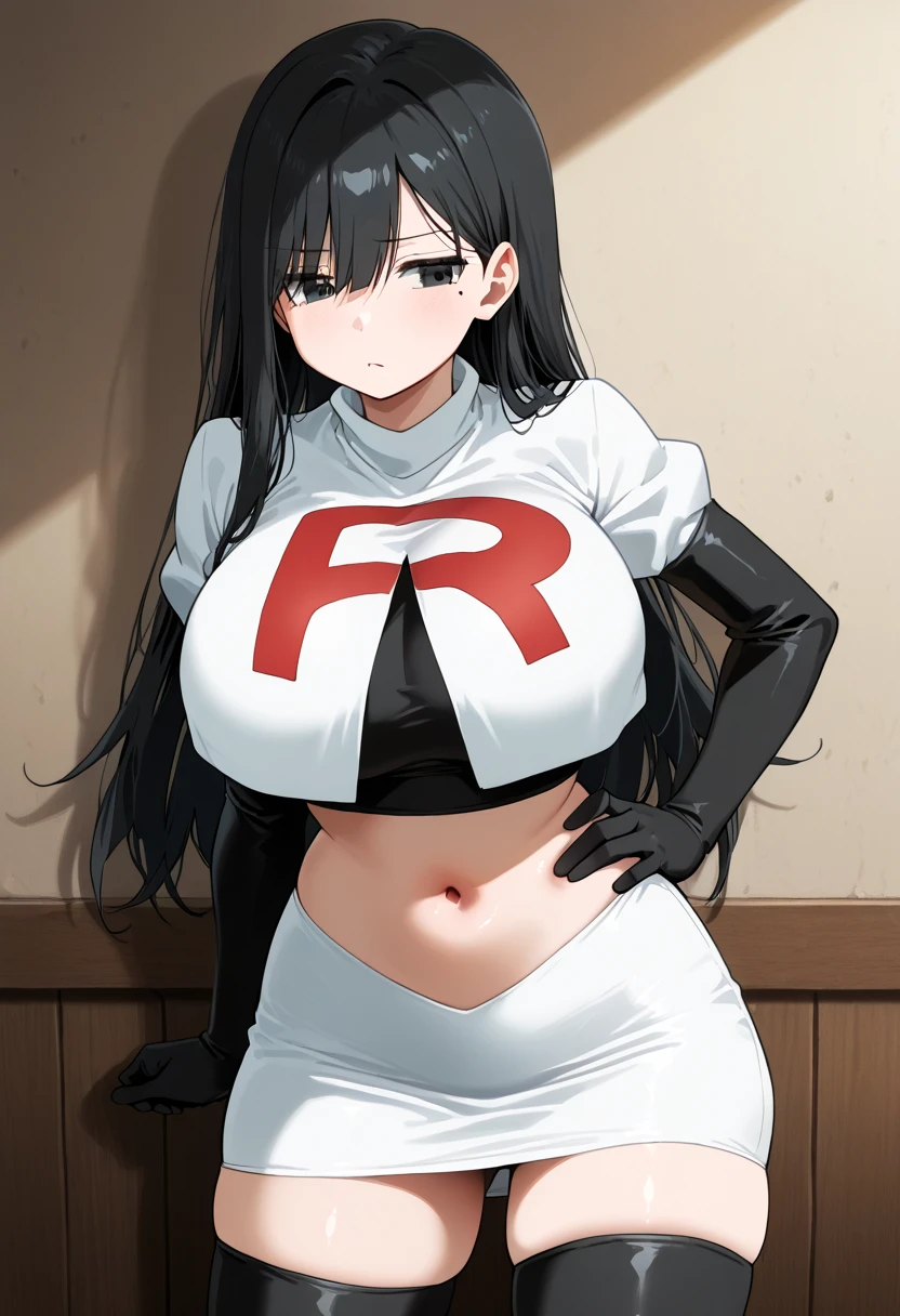 (best quality, masterpiece), (beautiful and aesthetic:1.2), Black Hair, Ponytail,Red Eyeshadow,Red Eyeliner: 1.2, Black wings extending from the waist,vibrant colors 1girl, 1girl,((team rocket,team rocket uniform)),white skirt,crop top,black thigh-highs,black elbow gloves,,((Colossal tits:1.5)) ,(gigantic breasts:1.6)