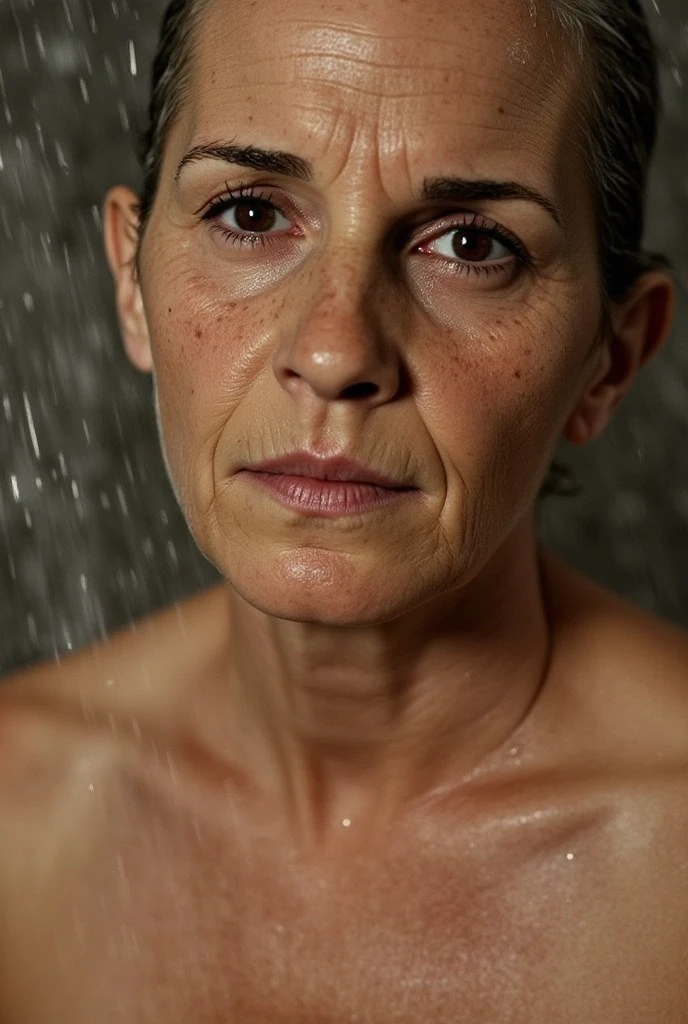 ((Highest quality)), ((8k)), ((masterpiece: 1.3)), (Perfect appearance), (Photorealism: 1.6), (JMA), (Who), (Genuine:1.4), One mature woman, Perfect Anatomy, 60 years old, ((Realistic skin texture)), (Fine wrinkles appear all over the skin: 1.3), (Dullness: 1.1), (Unmoisturized skin: 1.2) , (Facial wrinkles: 0.9), (Wrinkles around the eyes: 1.2), double eyelid, Lower eyelid tear sulcus, (corner of the eye), Thin eyebrows, Medium Long Hair, ((Wet body, Completely naked: 1.3)), (In the bathroom: 1.2),
