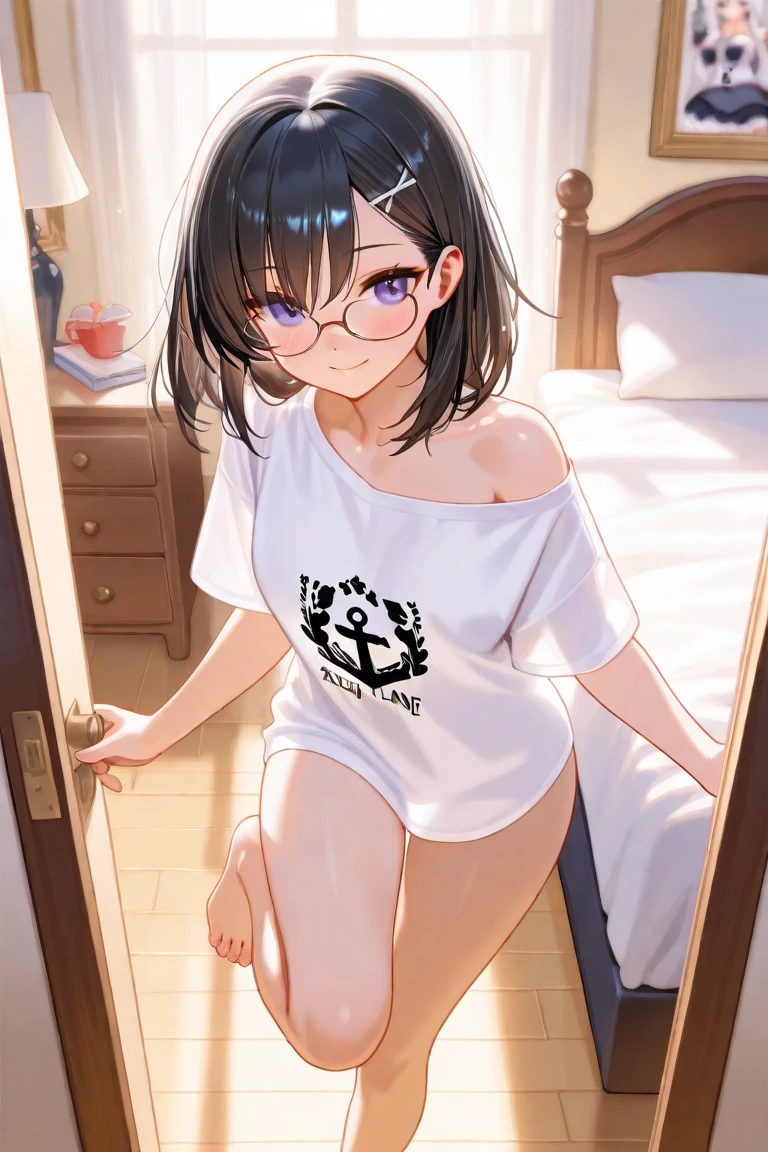 score_9, score_8_up, score_7_up,source_anime, high res image,masterpiece,best quality,girl,cute face,clear skin,clorinde_genshin,panties,t-shirt,
