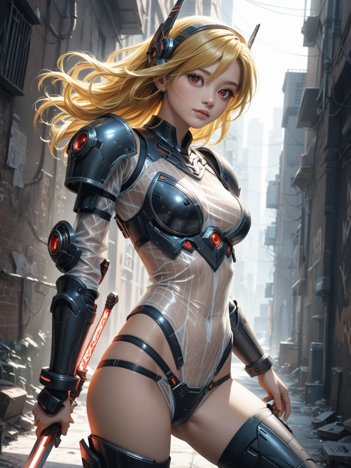(best quality,8k:1.2,high resolution:1.2),ultra-detalhado,Realistic,retro science fiction female superhero,blonde short hair,rosto extremamente detalhados,long eyelashes,all sheer beige Collant de nylon Apertado, cleavage,pantyhose,latex gloves,metalic accessories,Physically-based rendering,foco nítido,white studio lighting