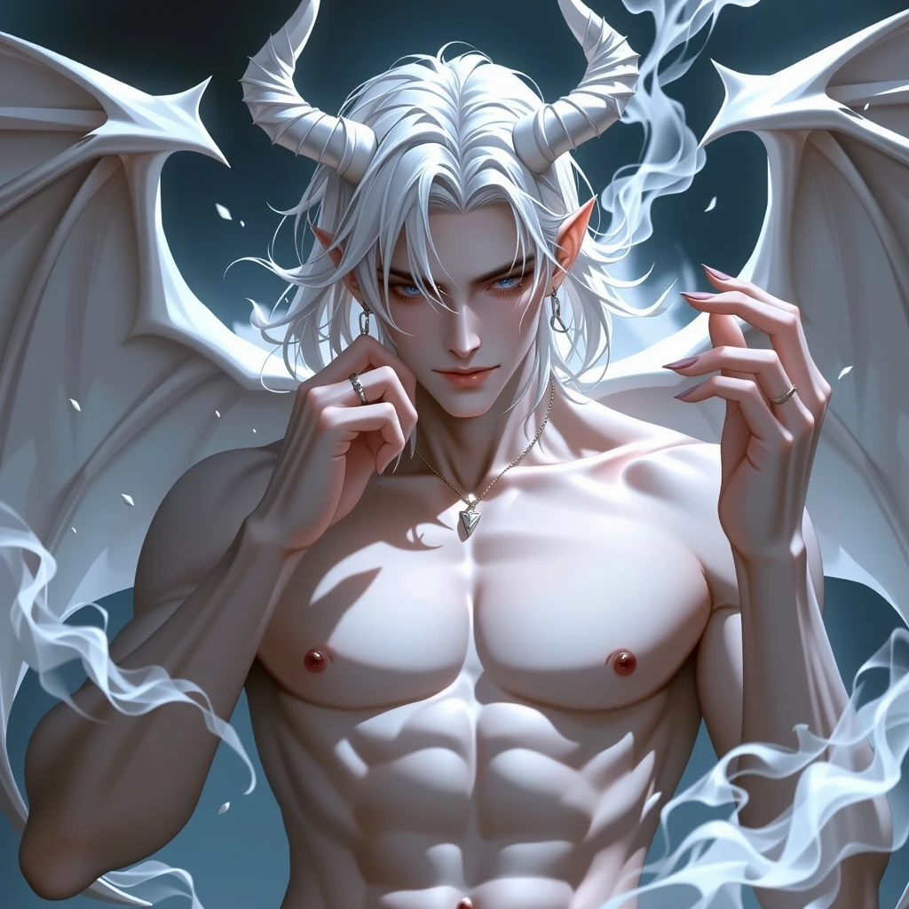Pale White Skin , White demon horns and tail , with no face, Male