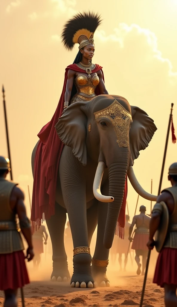 Golden armour suit queen with sword and shield plate on giant elephant at war zone
