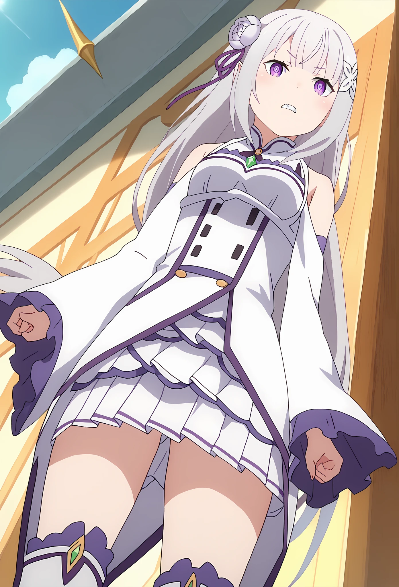 1girl, solo, Emilia, emilia_\(re:zero\), long hair, silver hair, blunt bangs, braid, hair ornament, hair flower, hair ribbon, purple ribbon, purple eyes, blush, low-tied long hair, elf,bare shoulders, detached sleeves, wide sleeves, cleavage, pleated skirt,miniskirt, thighhights, white legwear, white shoes, ,(skirt lift by myself:1.8),skirt lift,showing panties,(side_tie_panties),underwear, outdoorasterpiece:1.2), highres, best quality, 8k, very clear,