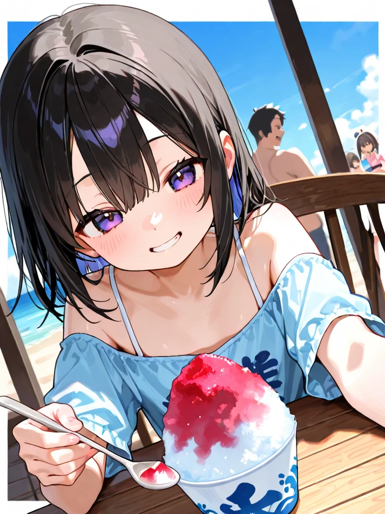 Yuki Konno, Yuki Konno, hair band, long hair,ponytail, pointed ears, purple hair, (red eyes:1.5), (small breasts:1.2), flower hair ornament,Ahoge,purple bikini swimsuit,blush,smile,Upper body, whole body,While strolling along the sandy sands of the beach,purple hair fluttering in the breeze,summer,Light of the sun,Palm tree,walking,break outdoors, break (table top:1.2), highest quality, High resolution, unity 8k wallpaper, (figure:0.8), (beautiful and fine eyes:1.6), highly detailed face, perfect lighting, Highly detailed CG, (perfect hands, perfect anatomy),