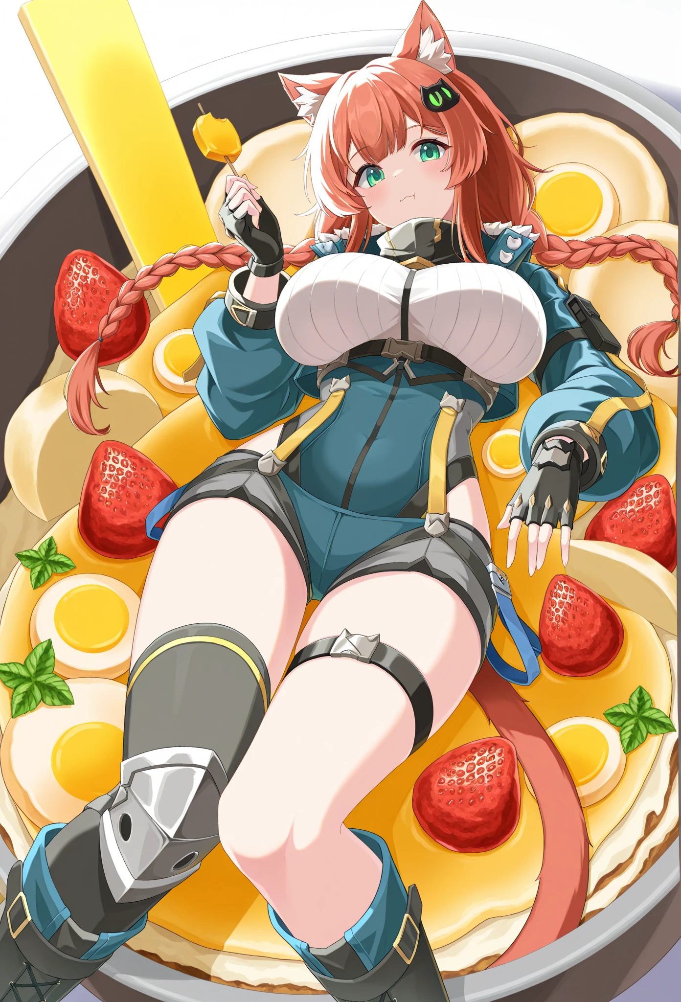 Solo,Red hair、((long ponytail:1.8)),(blue armor)、(blue knight armor) ,cleavage、big breasts、green eyes,smile,(((night)))、forest、(((eating pizza)))、(((medieval camp)))、smile、(Delicious and satisfied face)