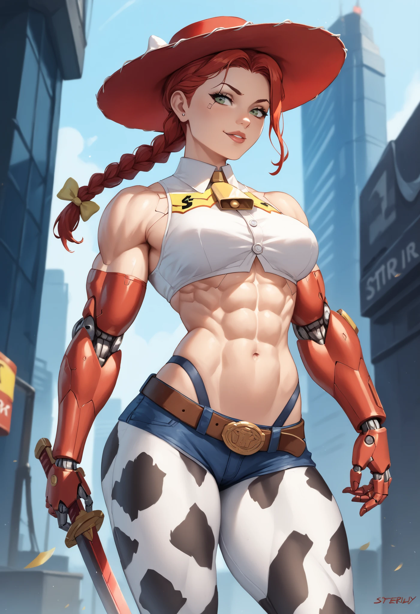 1girl, beautiful, perfect lighting, muscular, thick thighs, mature female, milf, navel, abs, looking at viewer (masterpiece, high quality:1.1) ,cowboy hat,body freckles,barn,pale skin,red hair, braid, ,short shorts,plaid shirt, skindentation, cleavage,grin