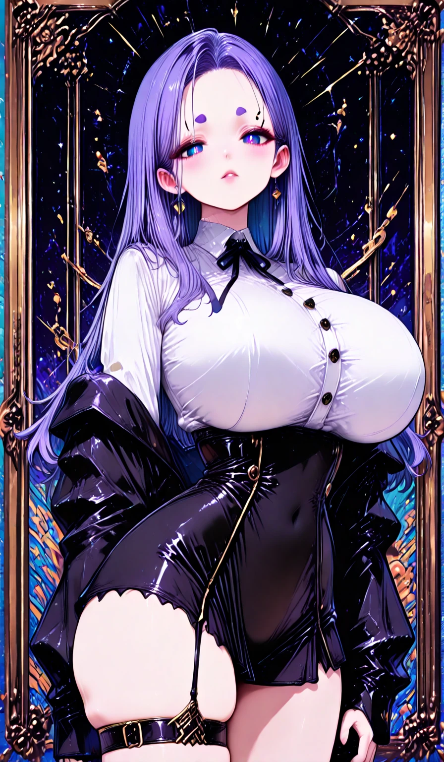(华丽的白色Wedding dress:1.2),mini skirt,Gorgeous headdress,Wedding dress，Dark Magic, Dark Forest, negaive energy, hell, Blank, Star, Black Hair,A girl kneels down，Photos，Unreal Engine 5 Photorealistic Rendering,(Cover comic magazine:1.6)，game character, Role Player, Standing on Kyoto Castle, Pretty Face, Arm tattoo，Chest tattoo，ace of spades，Belly tattoo，surreal body，thick muscular，excellent!! Types containing bobelon, Big Case, Moisturizing and radiant body, Purple short hair，Black latex suit，Put your hands behind you，Kneel down in business attire，Heart-shaped，Milfs，White garter belt