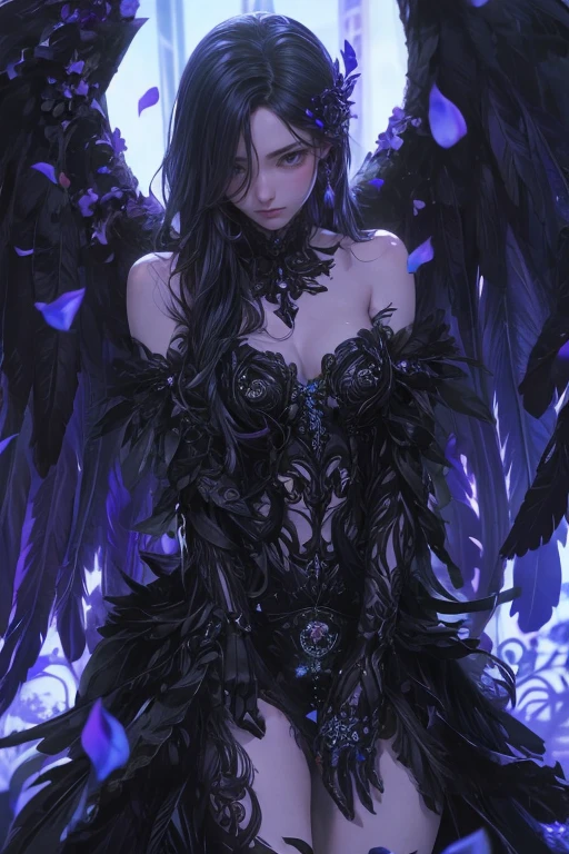 (masterpiece), (work of art), (amazing work), (detailed eyes), (delicate skin), (beautiful purple eyes), (multicolored), (long braided blue hair ), (sparkling eyes), (1girl),best quality, full body, expressive eyes, perfect face,blue hair, wet pussy, tight black shirt,nature, sexy,full cloud tattoos, large breasts,full body tattoo,guns, holy wings