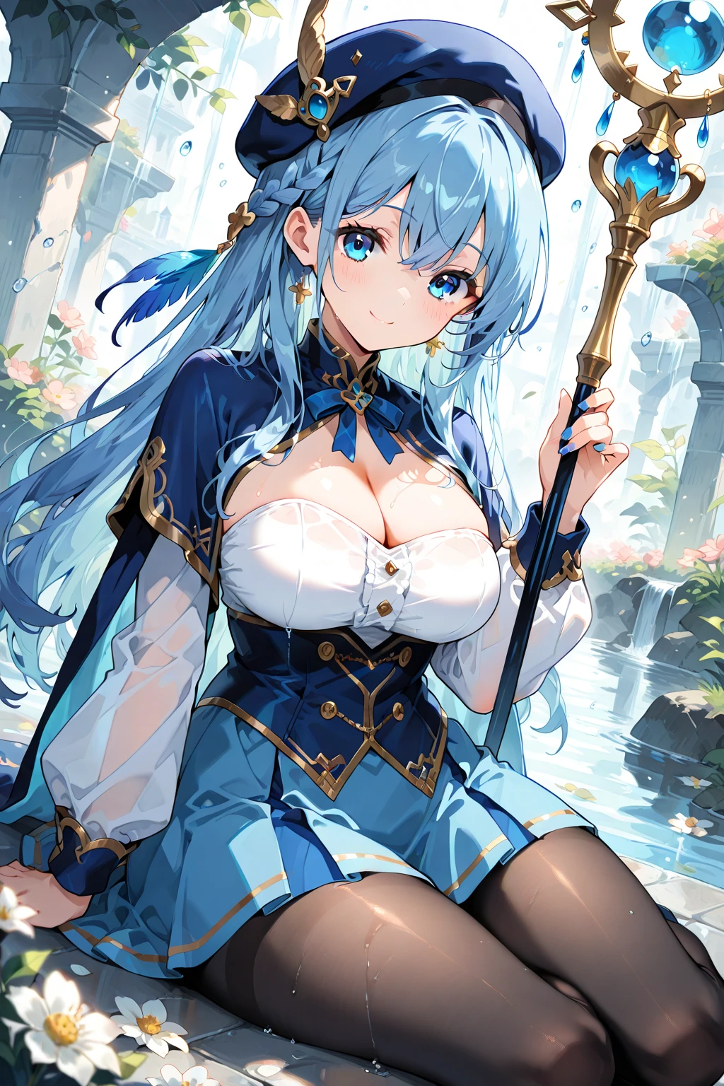 Highest quality、Highest quality、masterpiece、(8k resolution),beauty(Age 25)、(Mature Appearance)、Long Hair(Braiding of sides)、blue eyes、(Intricately embroidered underwear、bra)、Big cleavage、((Super big breasts))、smile、blue necklace、Blue Earrings、background(flower)、Please open your mouth wide、Dynamic pose、Blue choker、beret