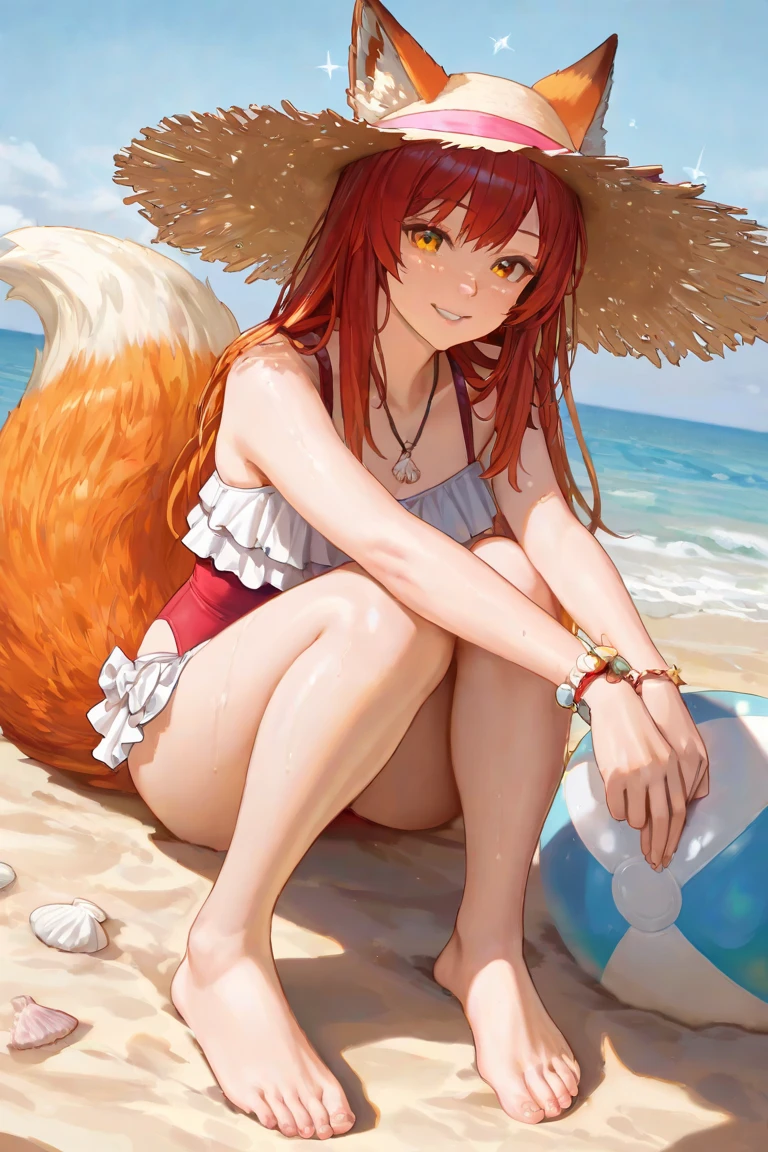 furry girl, cat, red hair, bangs, long ponytail, medium breasts, blue eyes, ((red vest, open clothes, yellow bikini, purple skirt, princess crown)), high quality, detailed body, detailed eyes, detailed face, masterpiece, glistening body, detailed body fur, best quality, two tone body, pink fur, clear pink fur, perfect lighting, perfect shadows, perfect eyes, perfect hair, perfect face, gorgeous body, :3, dynamic angle, solo, beach, clear sky, standing, full body, feets whit three toes,