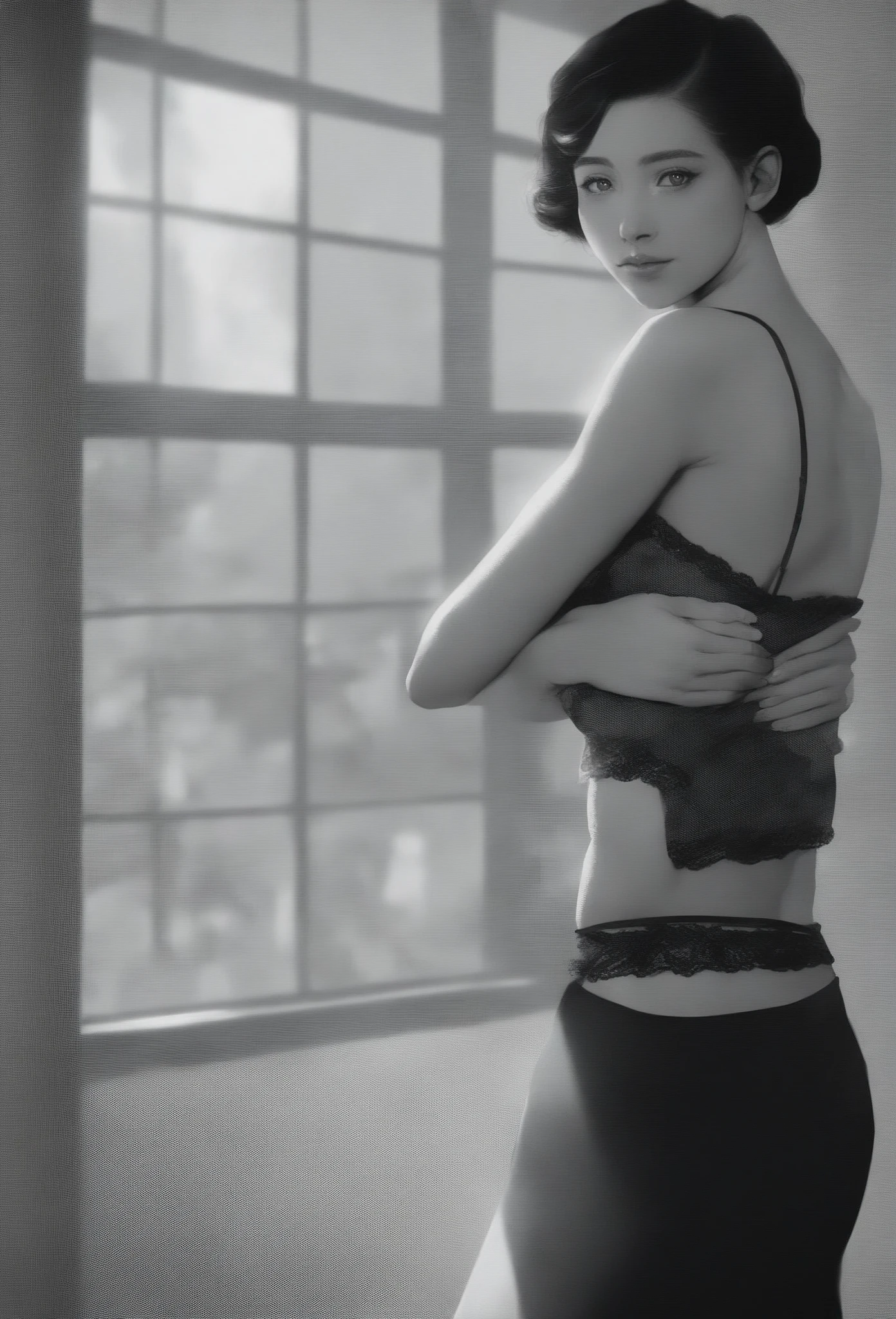 masterpiece, Photorealistic, Journalistic photography from the 1930s, medium shot of a naked woman, se regarder dans le miroir de maquillage, she is reflected in the mirror, behind the scenes of the Can Can club