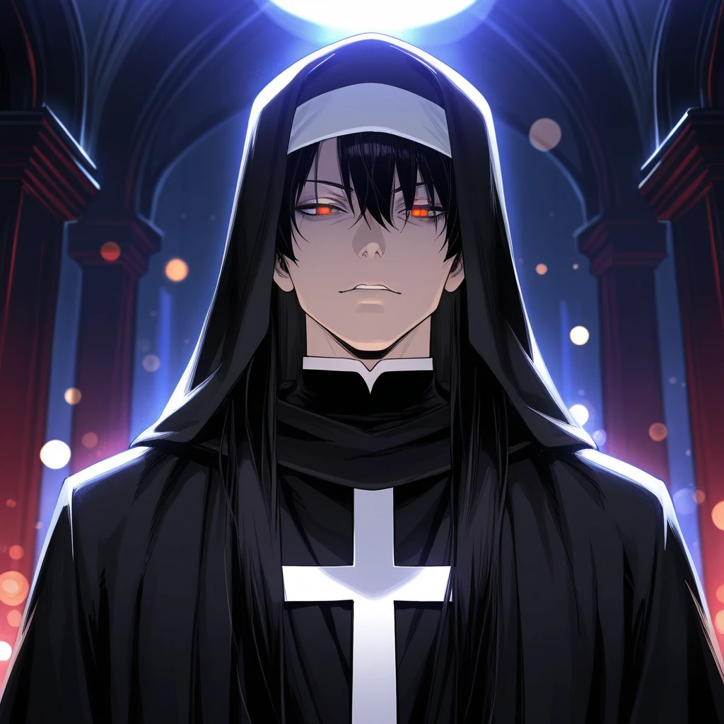 Young man wearing elegant clothes, pale, with an Egyptian cross, evil look, yellow eyes, black hair, evil smile, blood on his face
