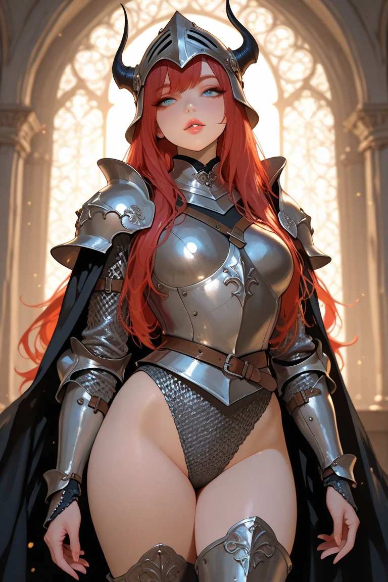Guerreira, fantasia, armadura de placas, steel breastplate, Steel gauntlets, steel gloves, saia curta, saia vermelha, levantando a saia, calcinha branca, calcinha aparecendo, ruiva, realista, D&D, saia levantada, (cameltoe), upskirt, Steel gauntlets, steel boots, steel breastplate, melhor qualidade, tiro de cowboy, obra-prima, 8k, (exposed navel), Shield