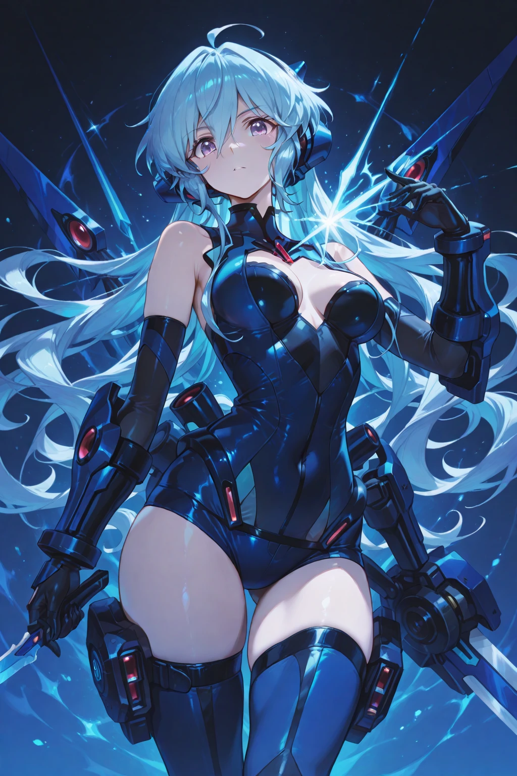 A masterpiece of high quality and extremely detailed, that shows a CG of an 8k wallpaper unit, with cinematic lighting and lens flare. The eyes of the unit are beautiful and detailed, with different colors: one black and one multicolored. She looks to the side, with a mysterious and seductive expression. Her hair is long and multicolored, with shades of pink, blue, green and purple. The colored light reflects on her hair and her skin, creating a rainbow effect. Bright particles float around her, giving a magical touch to the scene. The image has a color factor of 1.5, which increases the saturation and contrast of the colors. The hair also has a color factor of 1.5, which enhances the nuances and reflections of the colored hair.