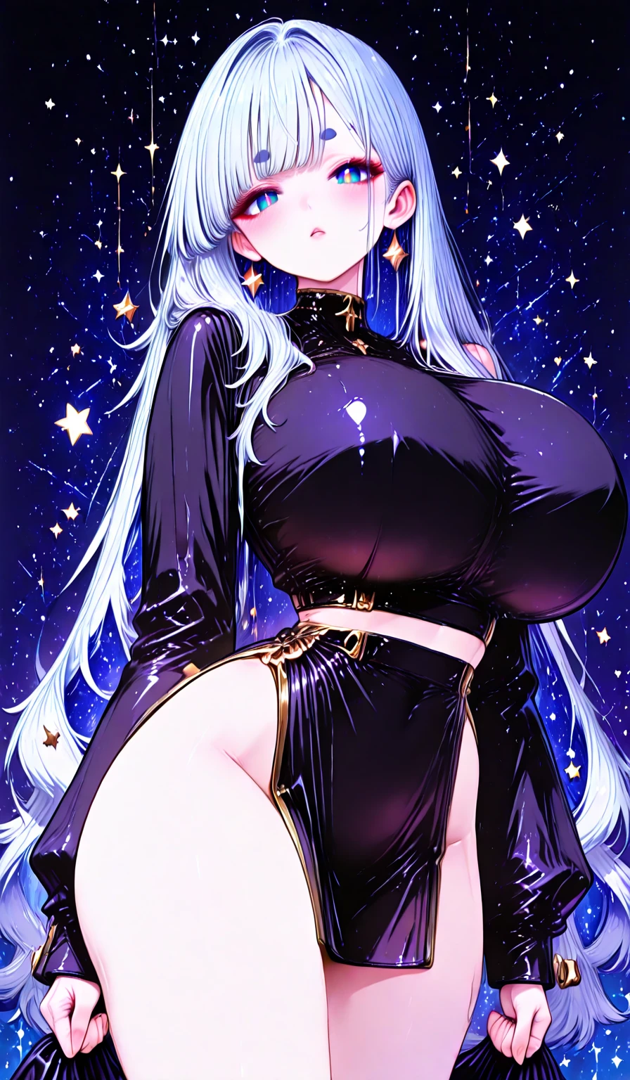 1girl, bright, purplish gray hair, snappy bangs, long hair, curled hair, yellow eyes, star motif, multicolored hair, saleme, head mask, side lights, light particles, wallpaper, big, plump, idol, swimsuit, loose fluffy, smile, gentle, clear, energetic