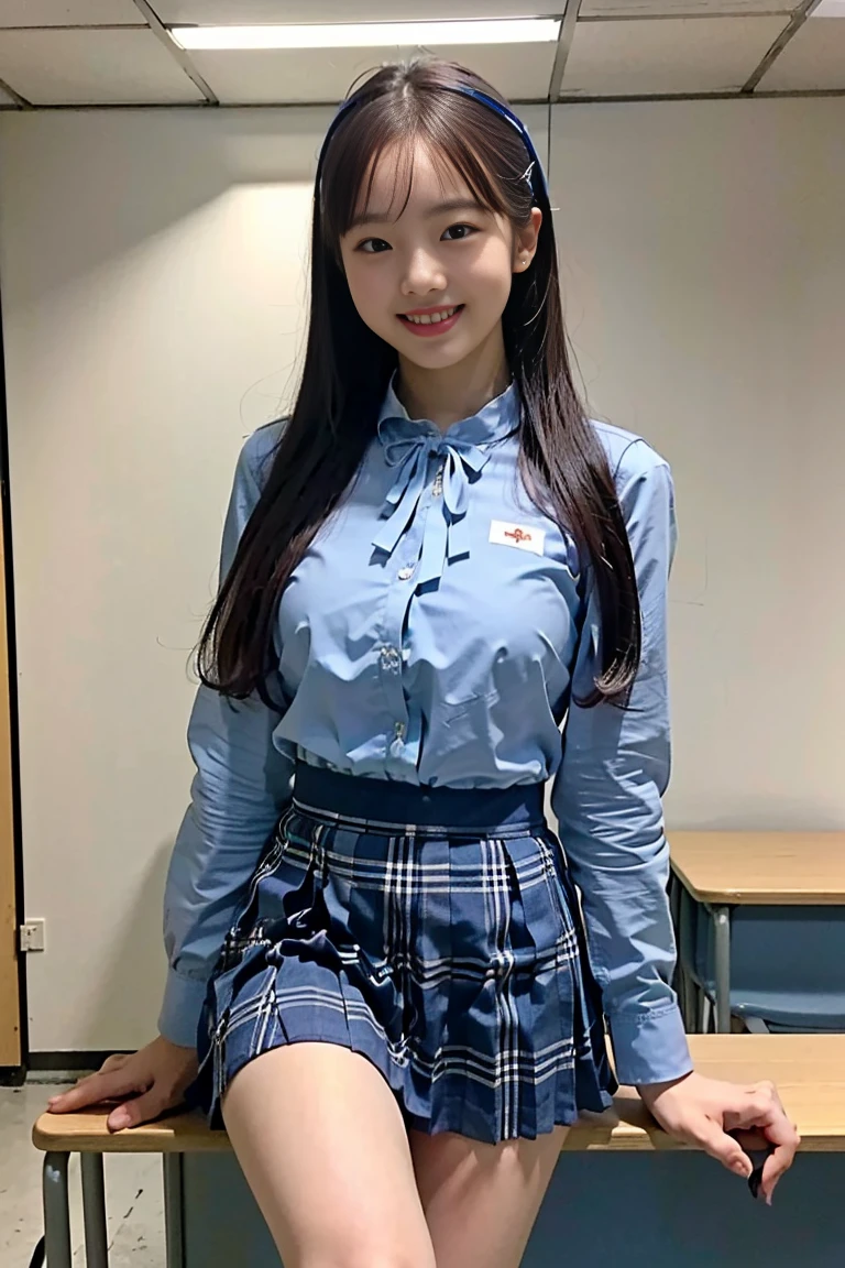 ((school uniform)),ribbon at neck,(school uniform and ((Plaid navy skirt)) and white shirt:1.1), Skin color, big , smile, (8k, RAW Photos, Highest quality, masterpiece:1.2), masterpiece, super detailed, super high quality, (Realistic and Realistic photography:1. 37), High-resolution RAW color photos, Very delicate and beautiful, highly detailed, 8k壁紙, wonderful, detailed, Very eye, very detailed, very detailed skin, very thin fingers, very detailed nose, very detailed mouth, Perfect Anatomy, Upper Body, studio, Soft lighting, A full-body shot of a cute idol wearing a one-piece swimsuit, Playful pose, Hands on hips, smile, Pastel Background, Realistic, Attention to detail, studio photography