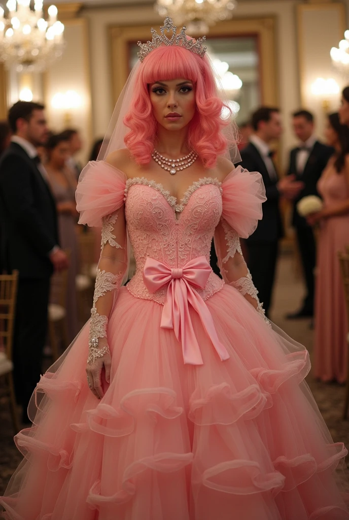 best quality, stunning punk woman, pink hair, (ball_gown:1.6), bedroom background, looking at viewer, naughty face