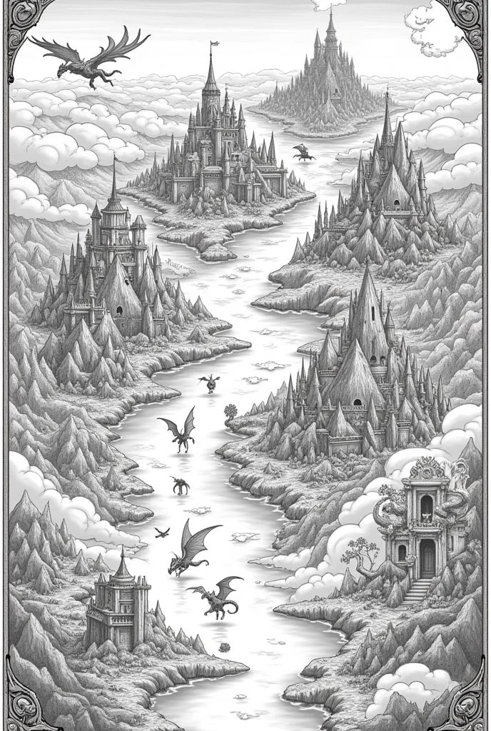 Flower garden with dragons and floating castle, black and white, sketch, line drawing