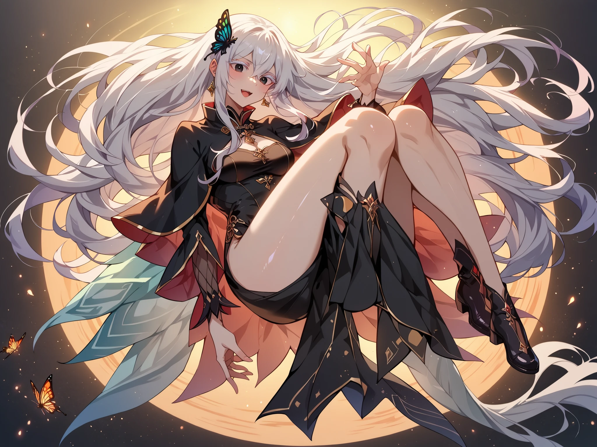 masterpiece,highest quality,1girl, solo ,elf-v2,gray eyes,Her short platinum hair was tied up in two buns.,elf ears,slanted eyes,black pantyhose,model,thin,forget,sitting,crossed legs,only,black shirt,looking at the viewer,full body