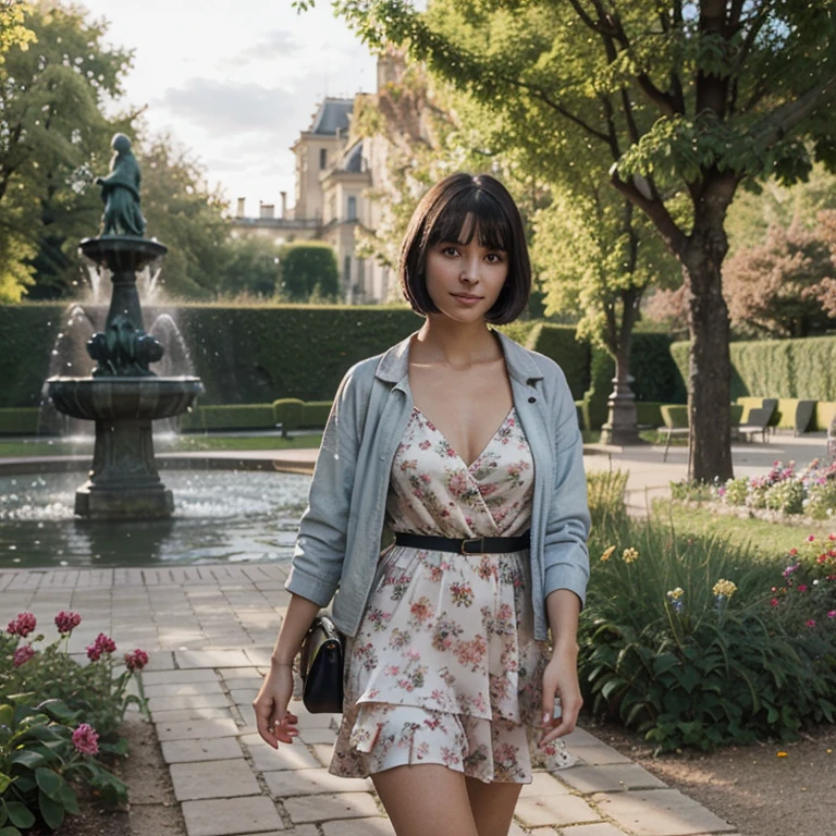 Generate me one of the most beautiful women in the world ,with a wonderful haircut,a very original and very detailed face, a magnificent pink outfit from the Prada brand as well as magnificent Prada jewelry all in a lake background 